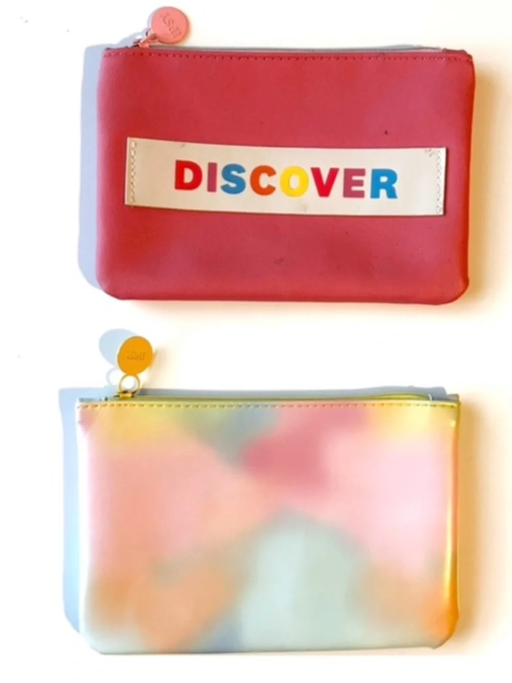 Set of 2 Ipsy Pink 'DISCOVER' + Pastel Watercolor Zip Pouch Makeup Cases